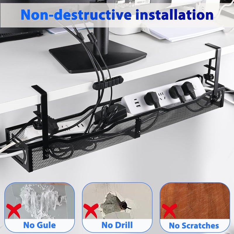 QUELIEN Under Desk Cable Management Box 25.3 Inch – Clamp-Mounted Cable Organizer Tray, Large Cord Management Box for Office & Home, Wire Organizer Under Desk Storage, Black - Image 3